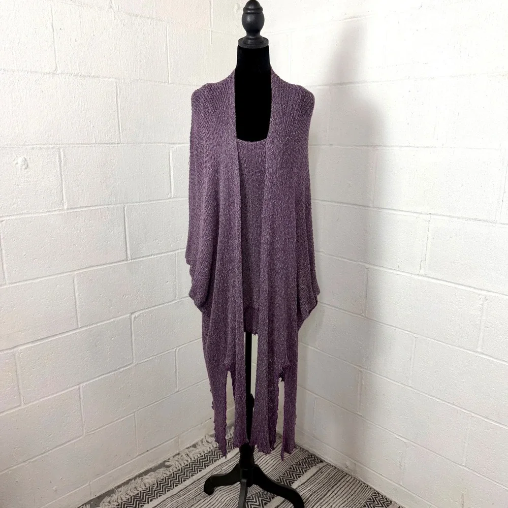 Womens Purple Bamboo Open Knit Cardigan Set Size 22W Asymmetric Boho Lagenlook
